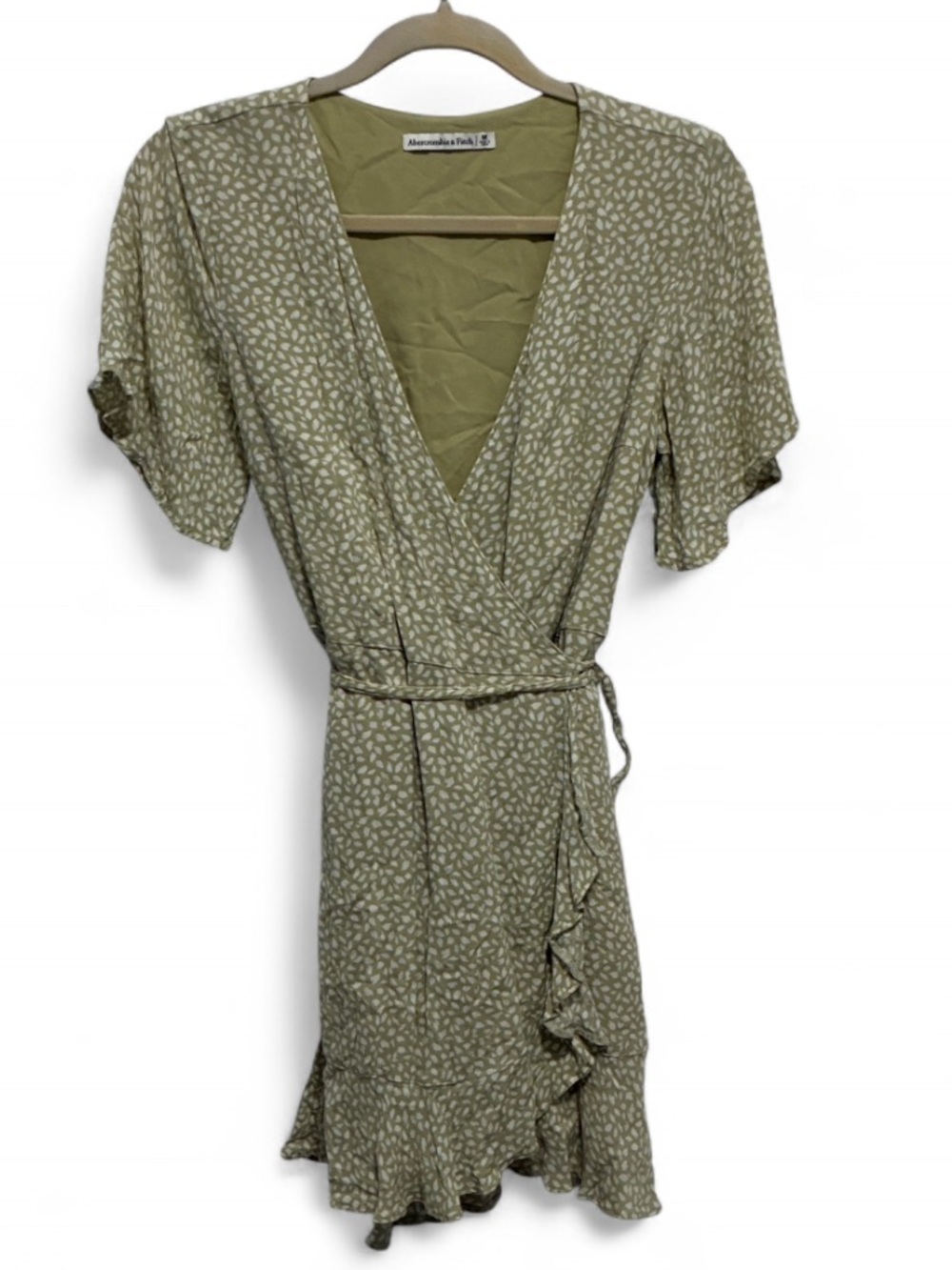 Abercrombie and Fitch Light Green Printed Floral Wrap Dress with Ruffle Hem